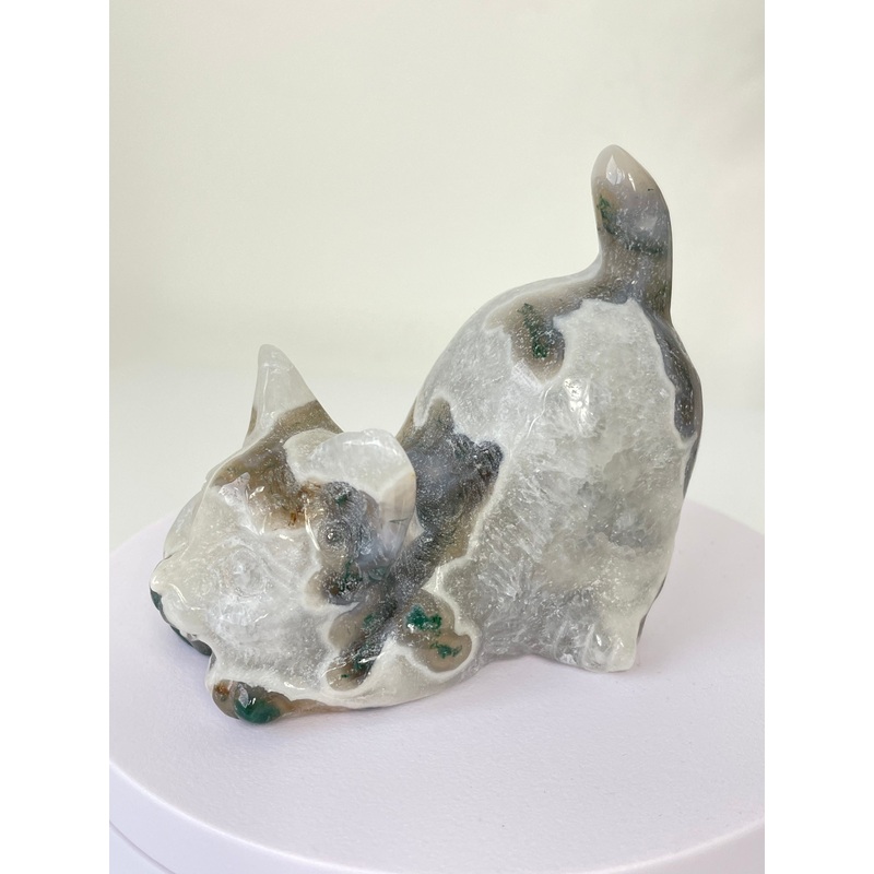 Moss Agate Crystal Cat Carving Large S067