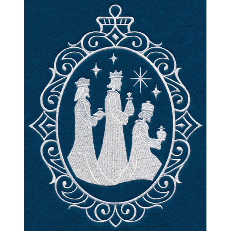 Wise Men Cameo (Whitework)|8.68″ x 6.86″ / 220.36mm x 174.33mm|7.41″ x 5.86″ / 188.24mm x 148.93mm|6.15″ x 4.86″ / 156.12mm x 123.53mm|3.87″ x 3.07″ / 98.38mm x 77.93mm|All Sizes