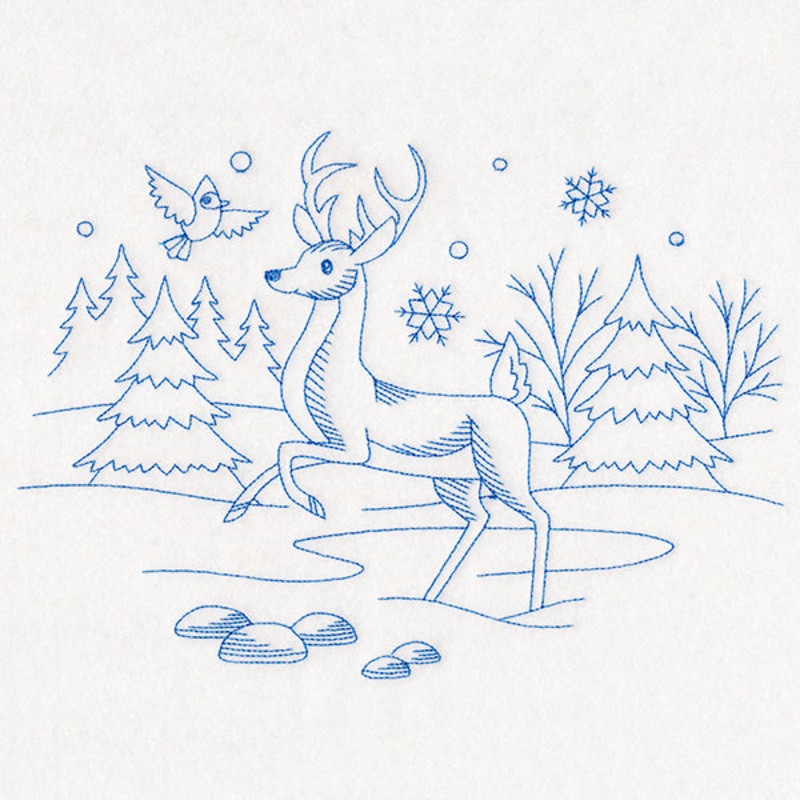Winter Woodland Scene – Deer & Cardinal (Bluework)