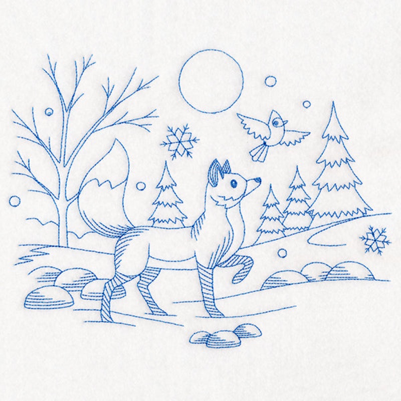 Winter Woodland Scene – Fox & Cardinal (Bluework)