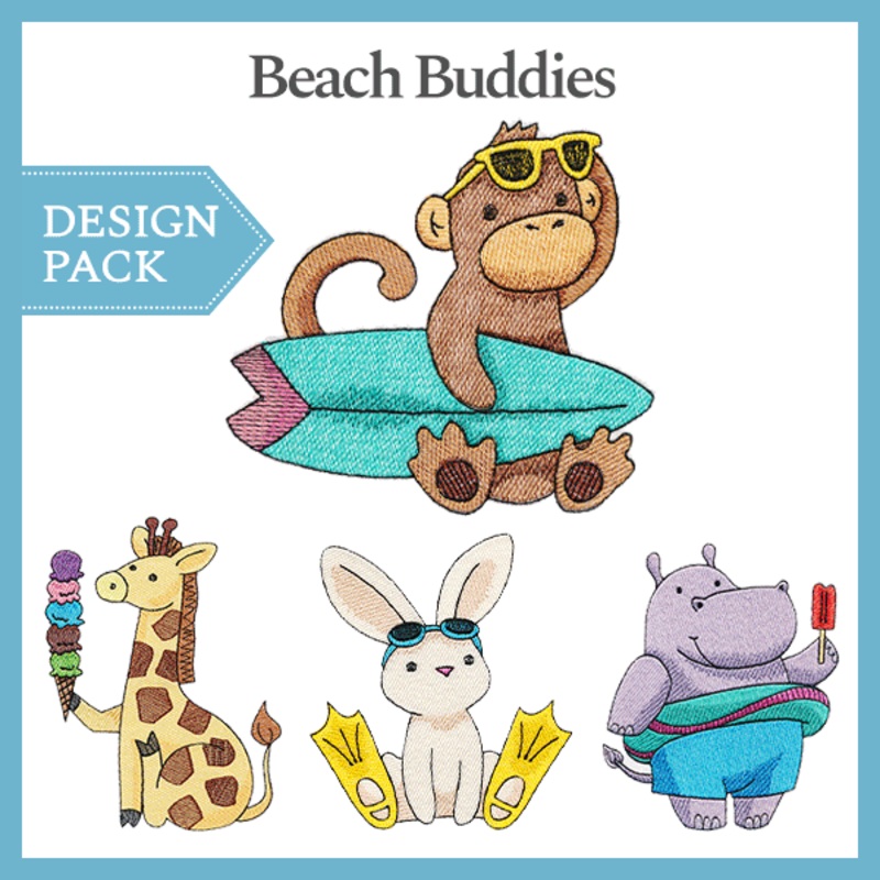 A Beach Buddies Design Pack|6.85″ x 4.85″ / 174mm x 123.2mm|5.83″ x 4.31″ / 148mm x 109.4mm|3.85″ x 3.85″ / 97.8mm x 97.8mm|All Sizes