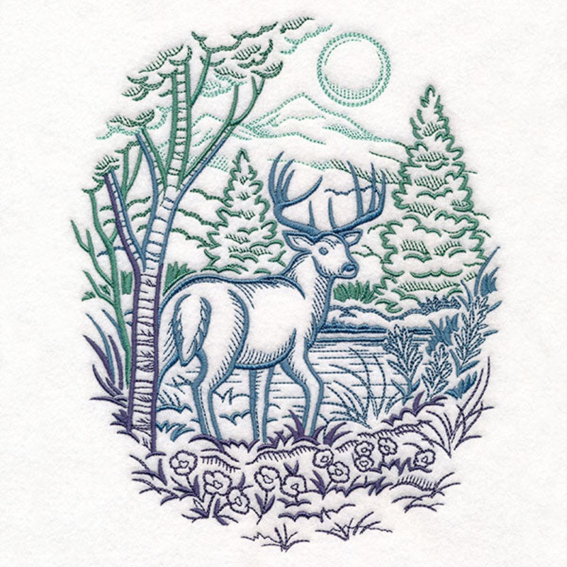 Woodland Deer Scene Etching|8.45″ x 6.86″ / 214.69mm x 174.23mm|7.22″ x 5.86″ / 183.31mm x 148.79mm|5.98″ x 4.86″ / 152.01mm x 123.43mm|All Sizes