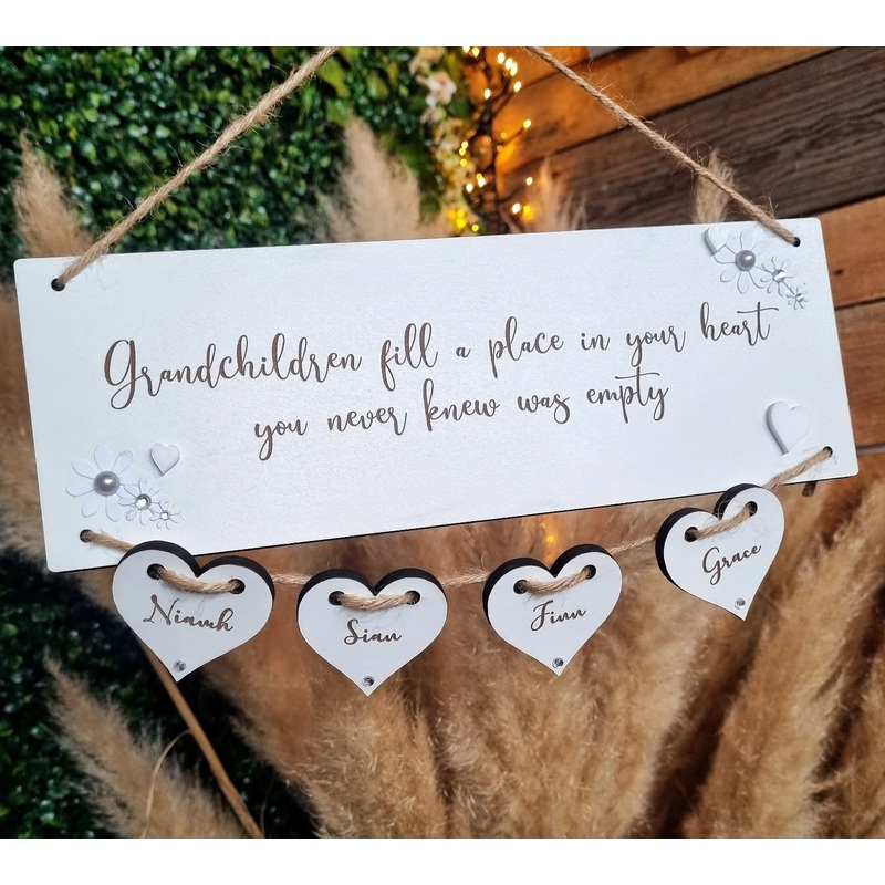 Grandchildren fill a place in your heart Plaque with hanging hearts