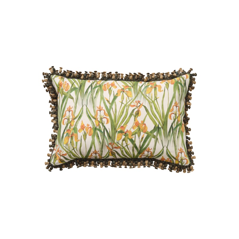 Yellow Iris Cushion with Green Onion Tassel Trim