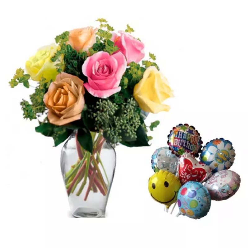 Mixed Summer Roses & Balloon Gift Set