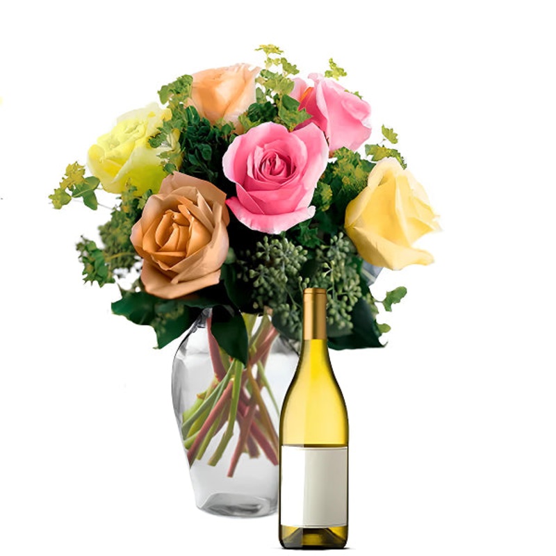 Mixed Summer Roses & White Wine Gift Set