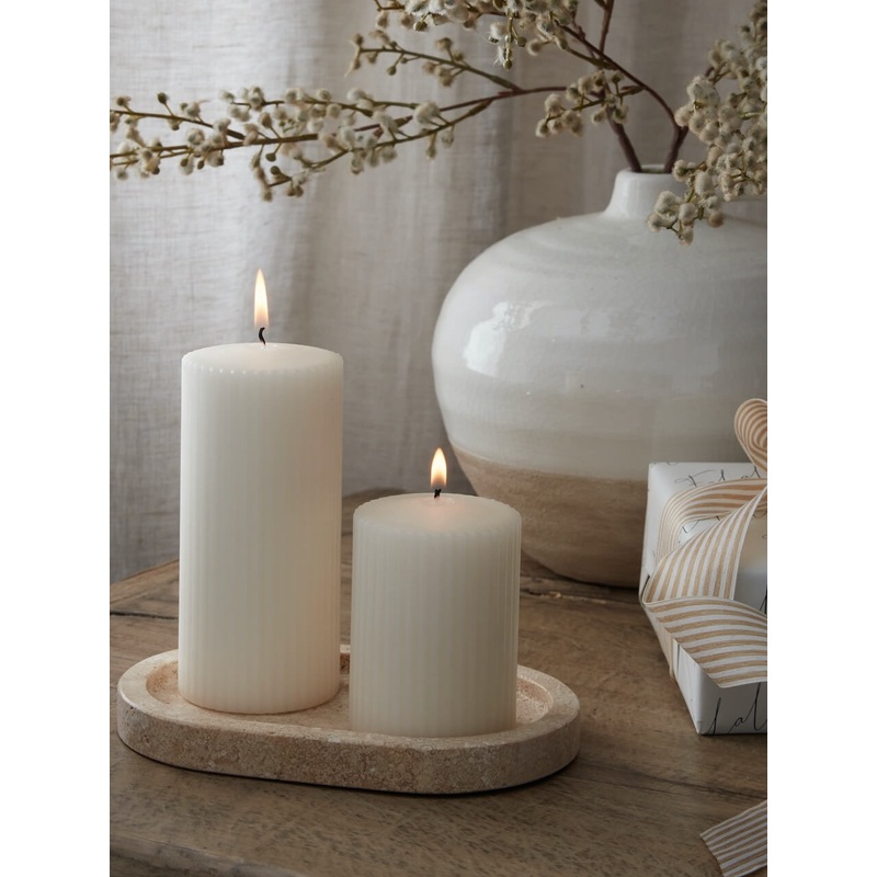 Set of 2 Ivory Ribbed Pillar Candles
