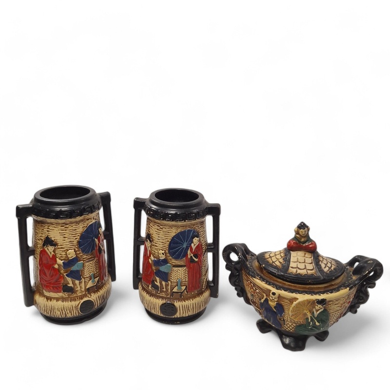 Cyples Old Pottery Embosa Ware 2x Vases & Lidded Trinket | Preloved