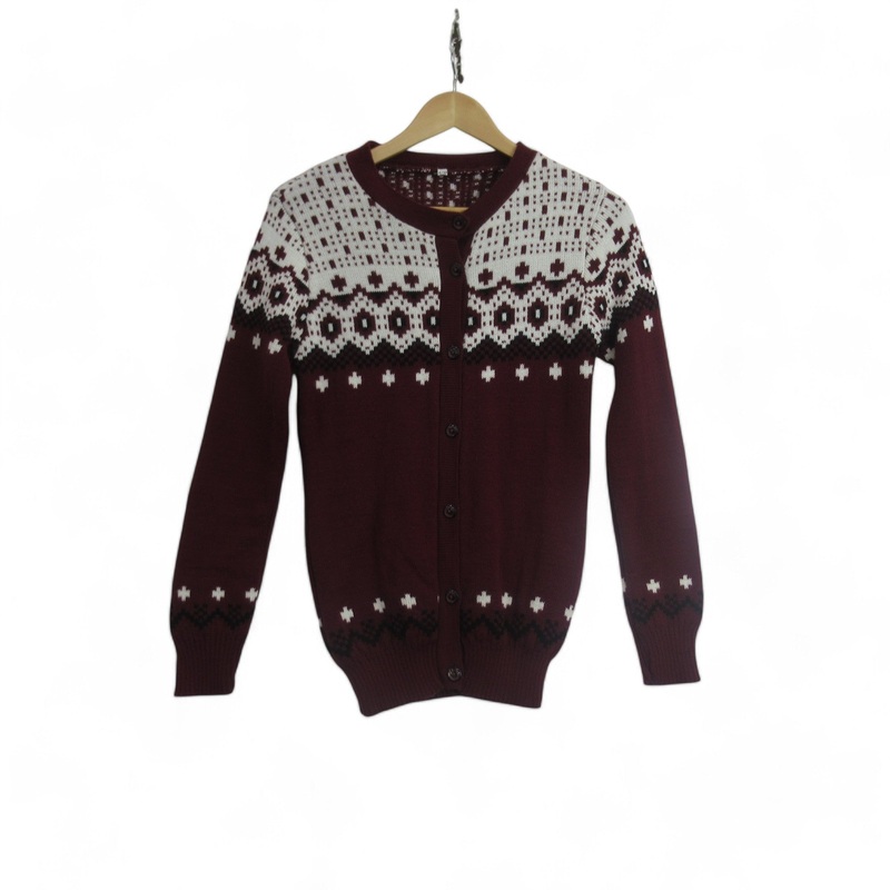 Fair Isle Vintage 8/10 Burgundy Knit Cardigan Womenswear | Preloved