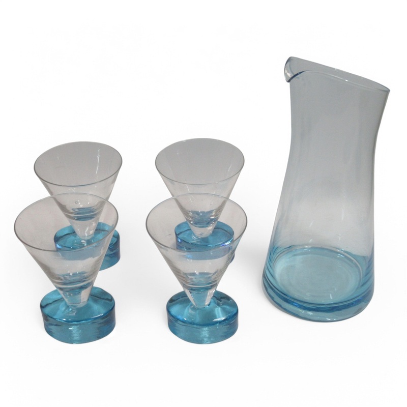 5-Piece Aqua Blue/Clear Glass Pitcher Jug & Glasses Set | Preloved