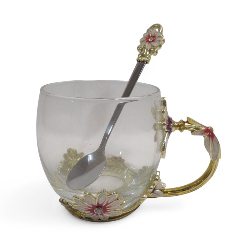 ARC Enamel Flowers Glass Tea/Coffee Cup w/ Spoon | Preloved