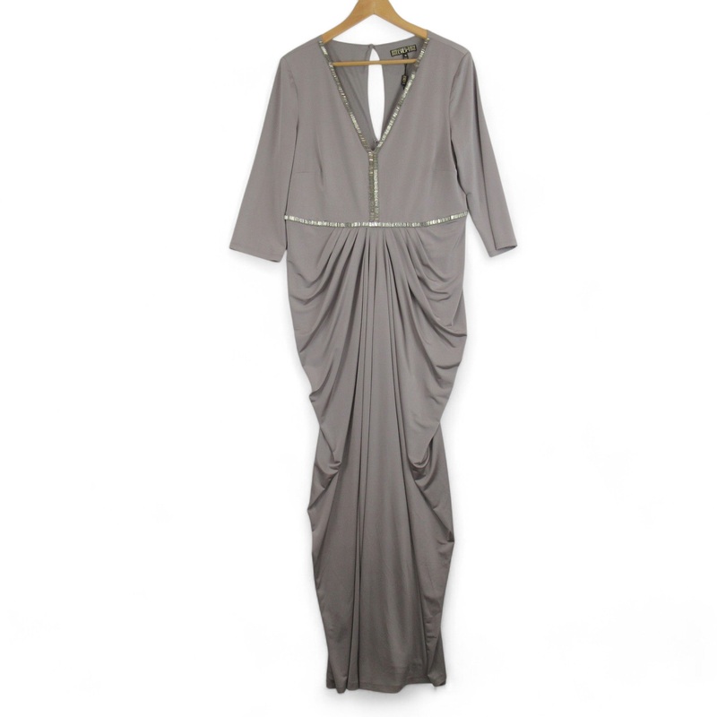 Biba UK 18 Grey Drape Dress V Neck Long Womenswear | Preloved