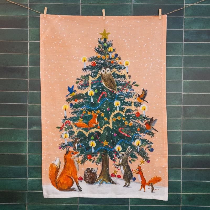 Winter woodland recycled cotton tea towel