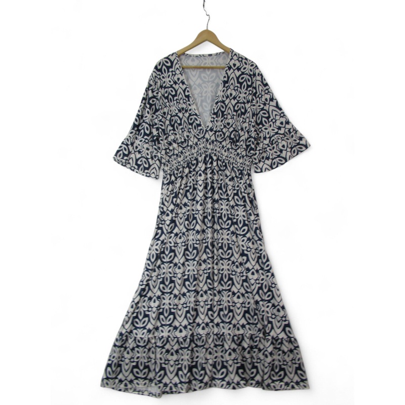 Maxi Dress Navy White Dress 5XL Geometric Womenswear | Pre-loved