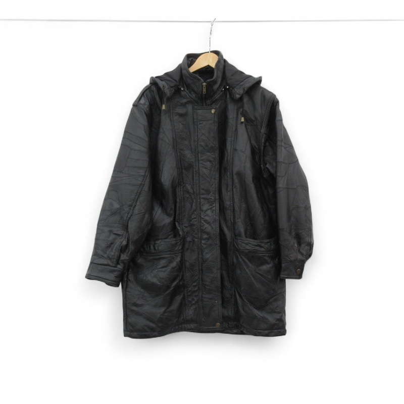 Vintage Leather Coat Large Black Hooded Womenswear | Pre-loved
