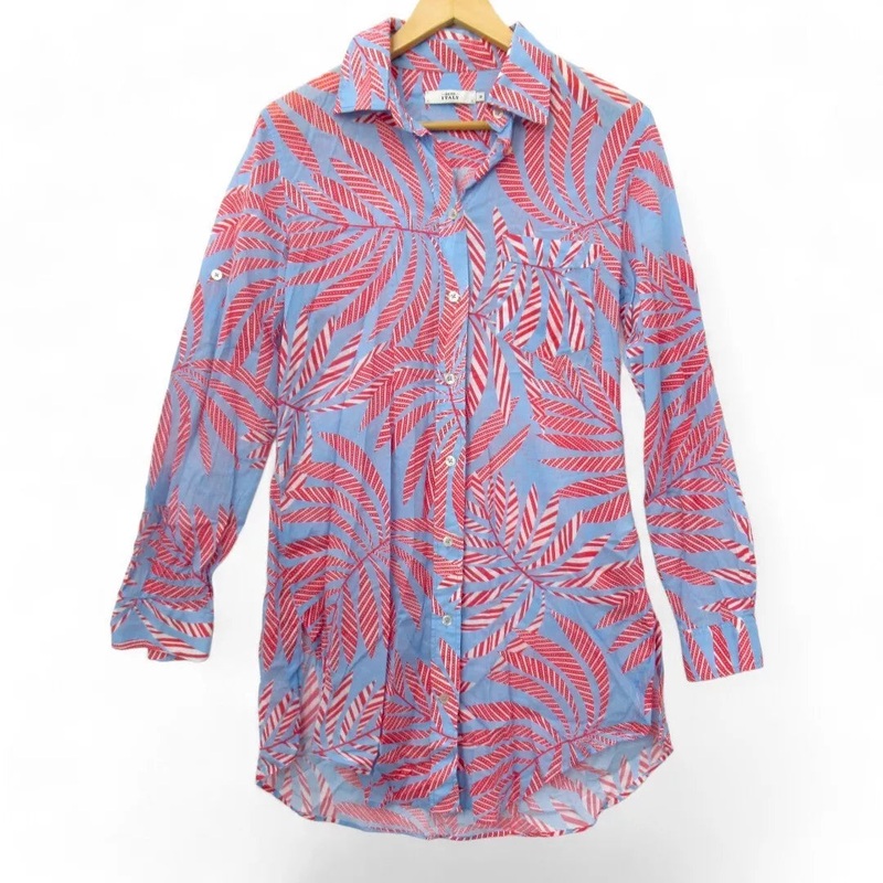 0039 Italy Blouse Shirt Blue Red Tropic Botanical Pattern Medium | Pre-loved