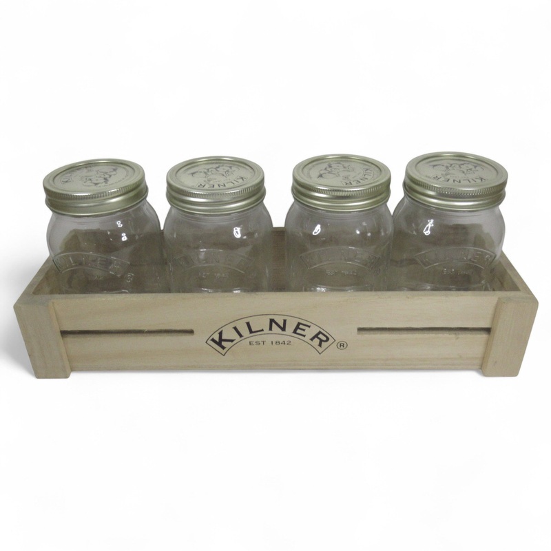 4x Kilner Clear Glass Preserve Jars with Wooden Crate | Pre-loved