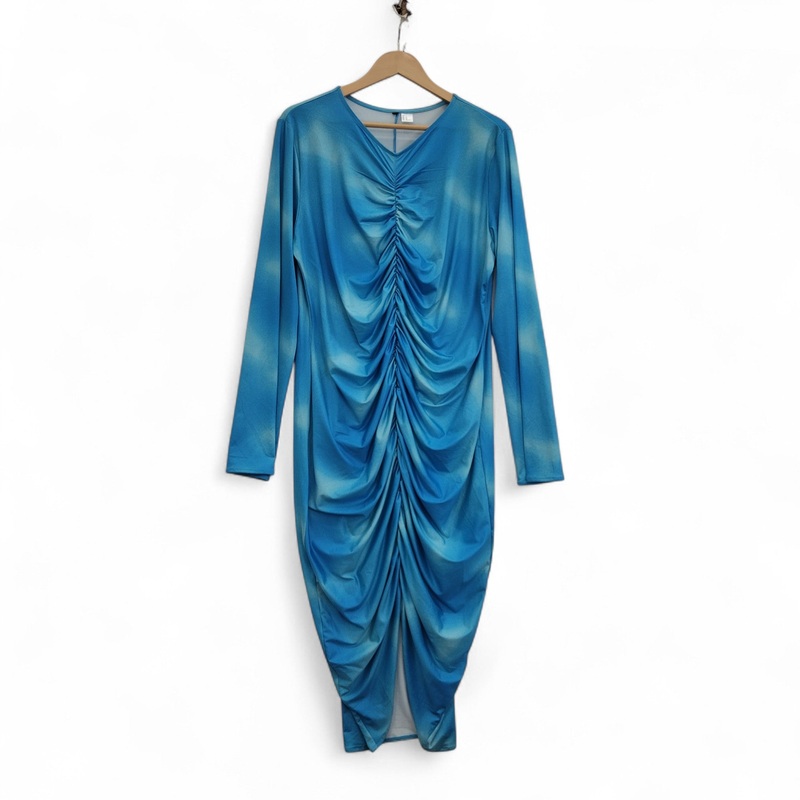 Ruched Dress XL Blue V Neck Midi Womenswear | Pre-loved