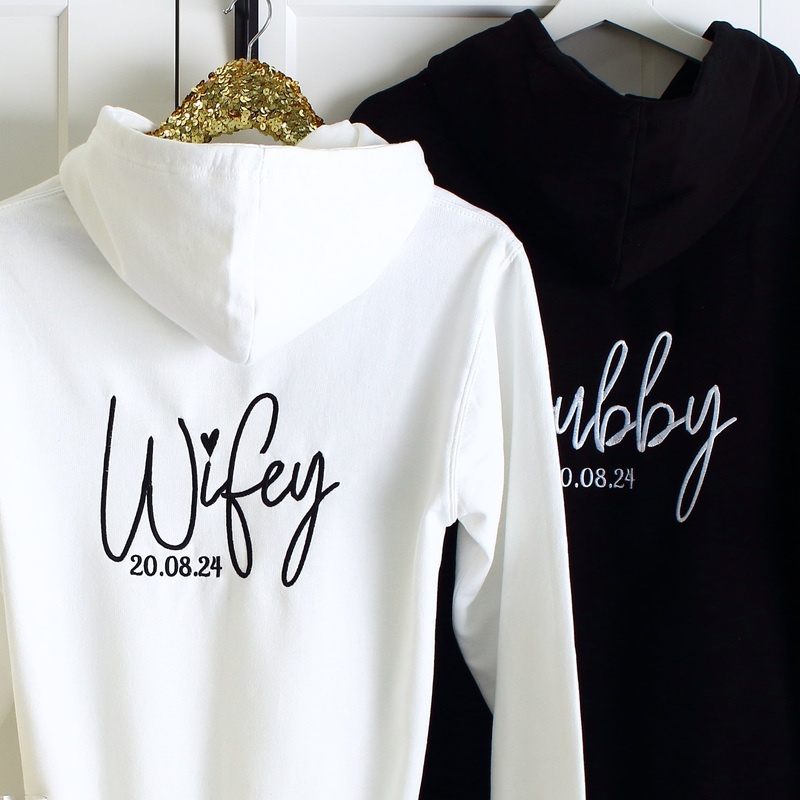 Wifey Hubby Zipped Hoodies|Please select|White sml|White med|White lge|White XL|Black sml|Black med|Black lge|Black XL|Black XXL|Both placements|Back of hoodie only|Front left chest only