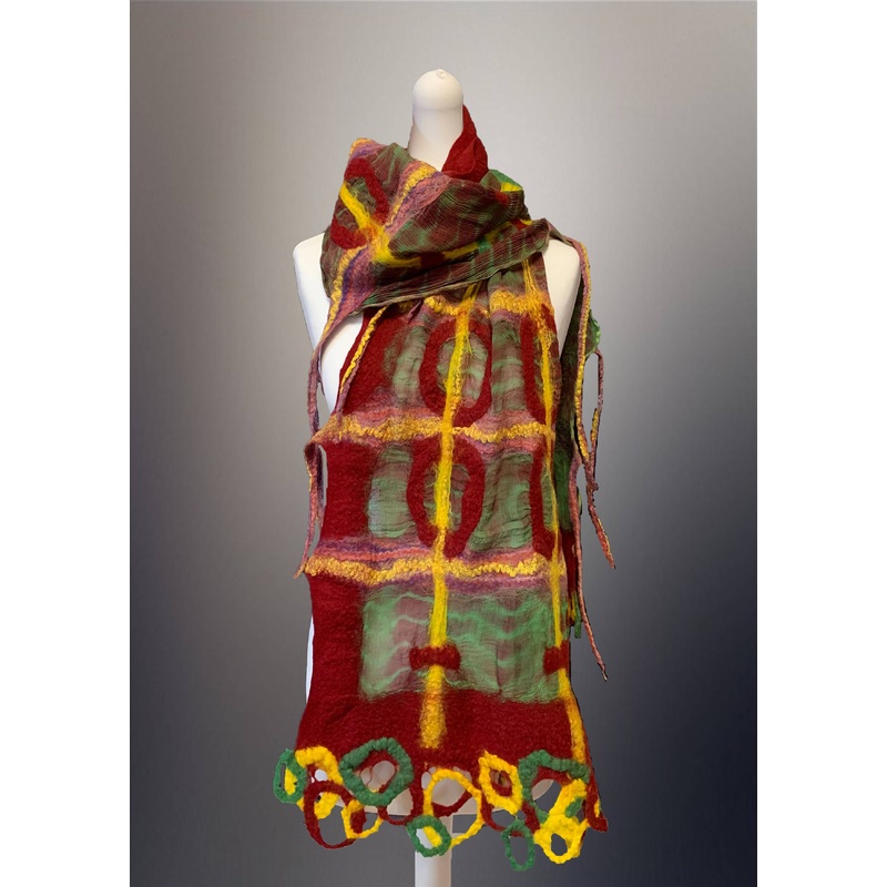 Nuno Felt Long Scarf  – Green and Burgundy