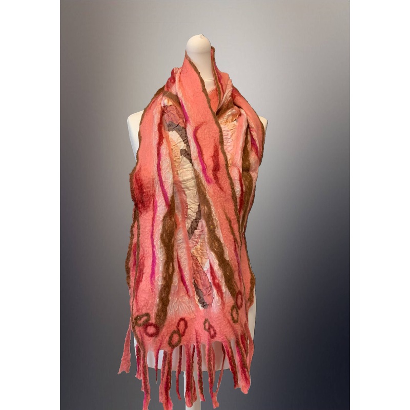 Nuno Felt Long Scarf – Pink, Brown and Dark Pink