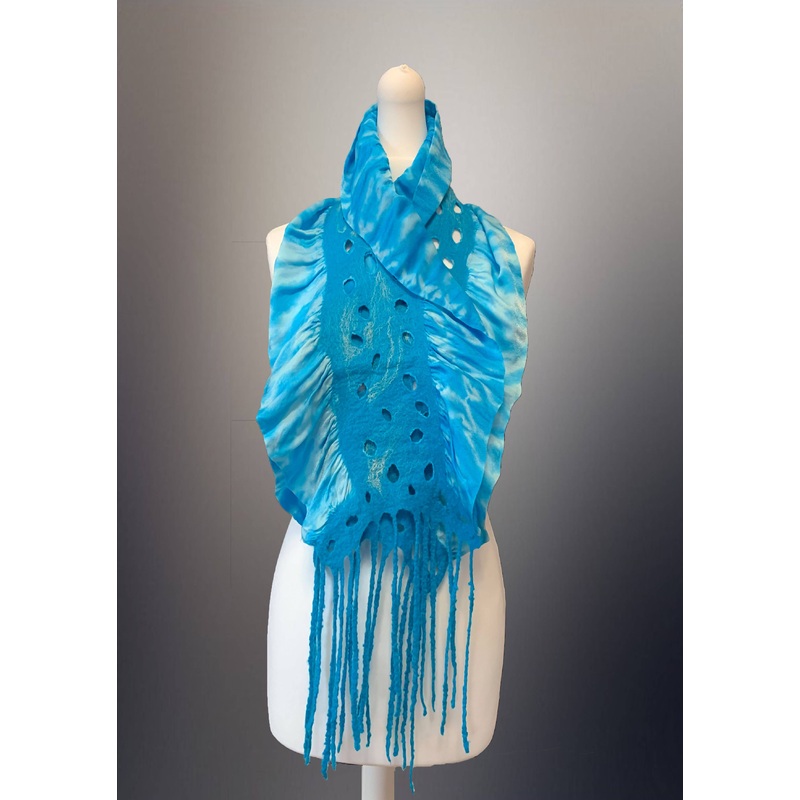 Nuno Felt Ruffle Scarf – Blue with Lace Effect In The Middle