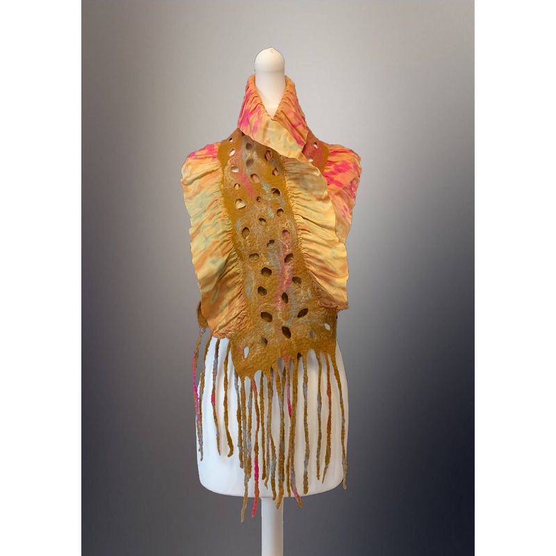 Nuno Felt  Ruffle Scarf – Pink and Beige With Lace Effect In The Middle