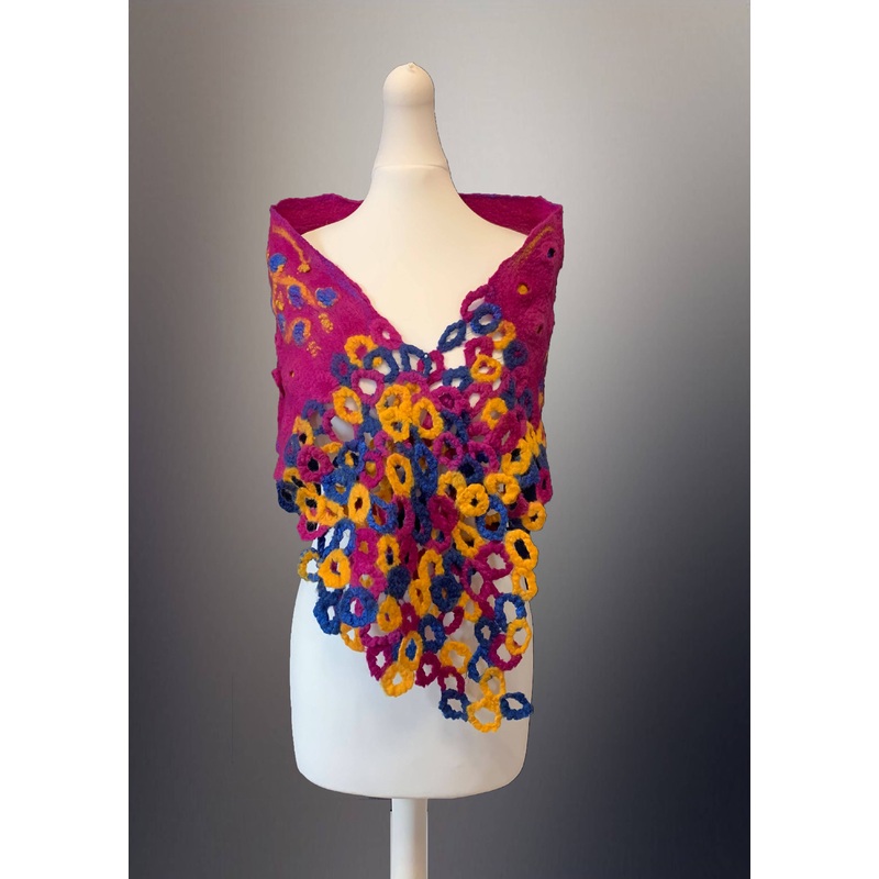 Nuno Felt Scarf – Dark Pink, Mustard and Dark Blue, With Circles at Each End