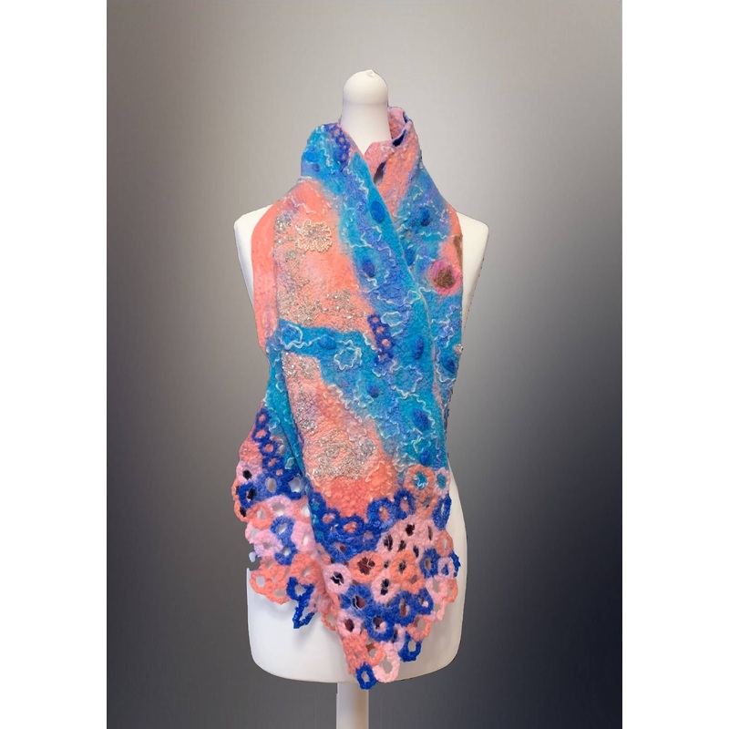 Nuno Felt Scarf – Pink and Blue Sparkly With Circles at Both Ends