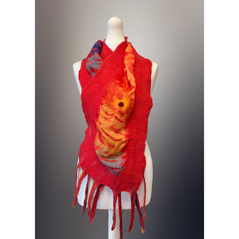 Nuno Felt Scarf – Red Orange and Grey