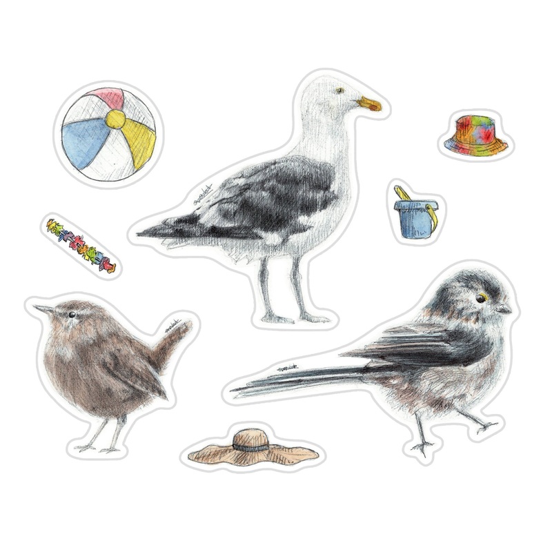 A6 Beach Birds with Hats Sticker Sheet | feat. Seagull, Wren, Long-tailed tit | Biro-pen & Watercolour Drawings