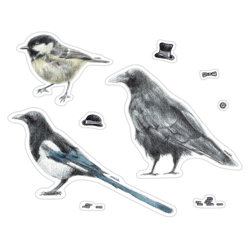 A6 Fancy Birds with Hats Sticker Sheet | feat. Carrion crow, Magpie, Coal tit | Biro-pen & Watercolour Drawings