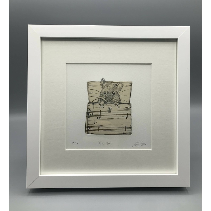 Mouse Box (O/VE 1)- framed handmade dry point print with chine colle vintage sheet music – by Jenny Davies
