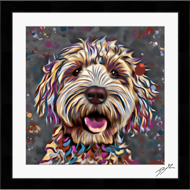 COCKAPOO DOG COLOUR SPLASH FRAMED ARTWORK.