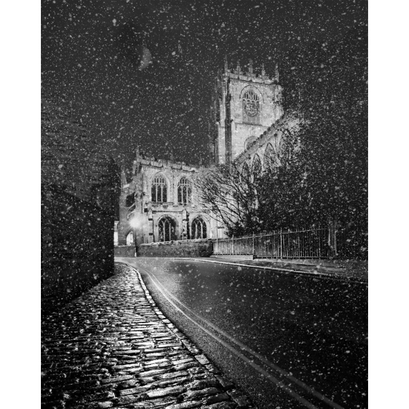 Snowy Night at St Mary’s – Black & White