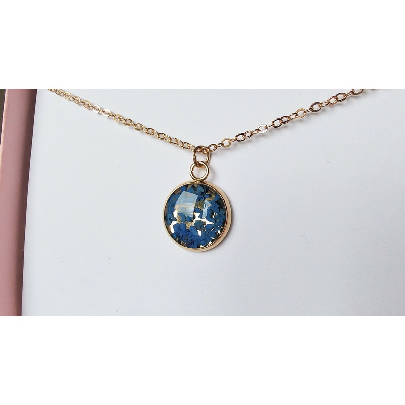 Blue Real Flower Small Mirrored Necklace Gold Plated