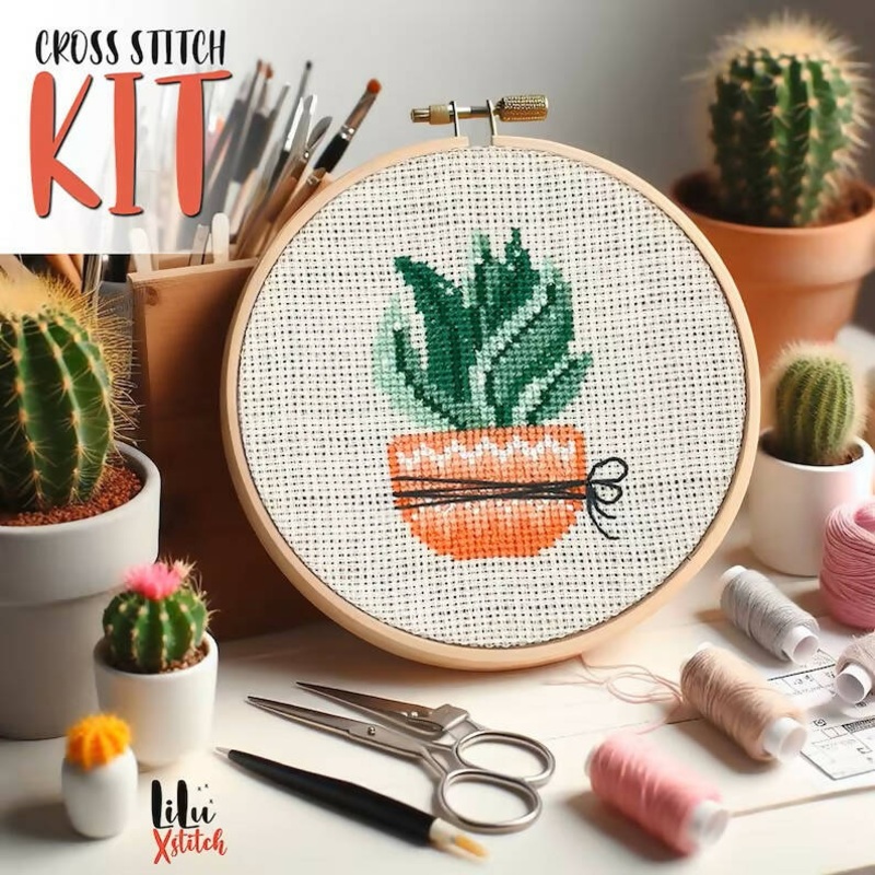 Cross Stitch Kit|Cross Stitch Kit – Cactus 1 – Glitter Reseda Fabric|Cross Stitch Kit – Cactus 2 – Glitter Reseda Fabric|Cross Stitch Kit – Cactus 3 – Glitter Reseda Fabric|Cross Stitch Kit – Cactus 1 – Matte Cream Fabric|Cross Stitch Kit – Cactus 2 – Mat