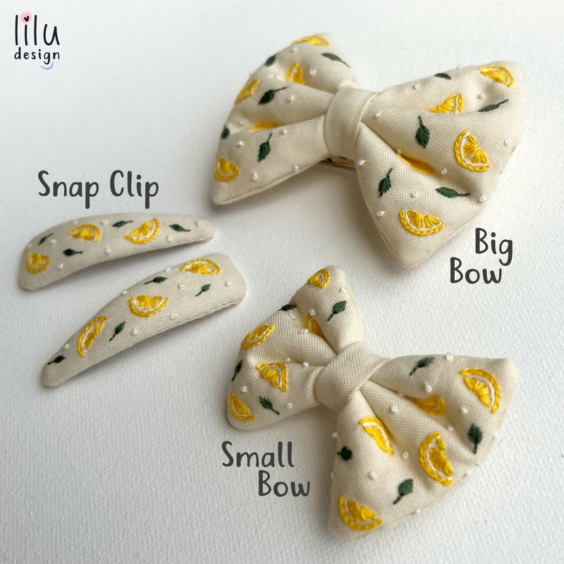 Embroidered Hair Bow and Clips – Lemon