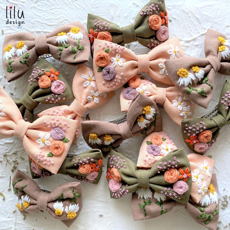 Embroidered Hair Bow|Embroidered Hair Bow – Olive With Flowers|Embroidered Hair Bow – Light Brown With Flowers|Embroidered Hair Bow – Peach With Flowers|Embroidered Hair Bow – Dark Brown With Flowers and Short Tail