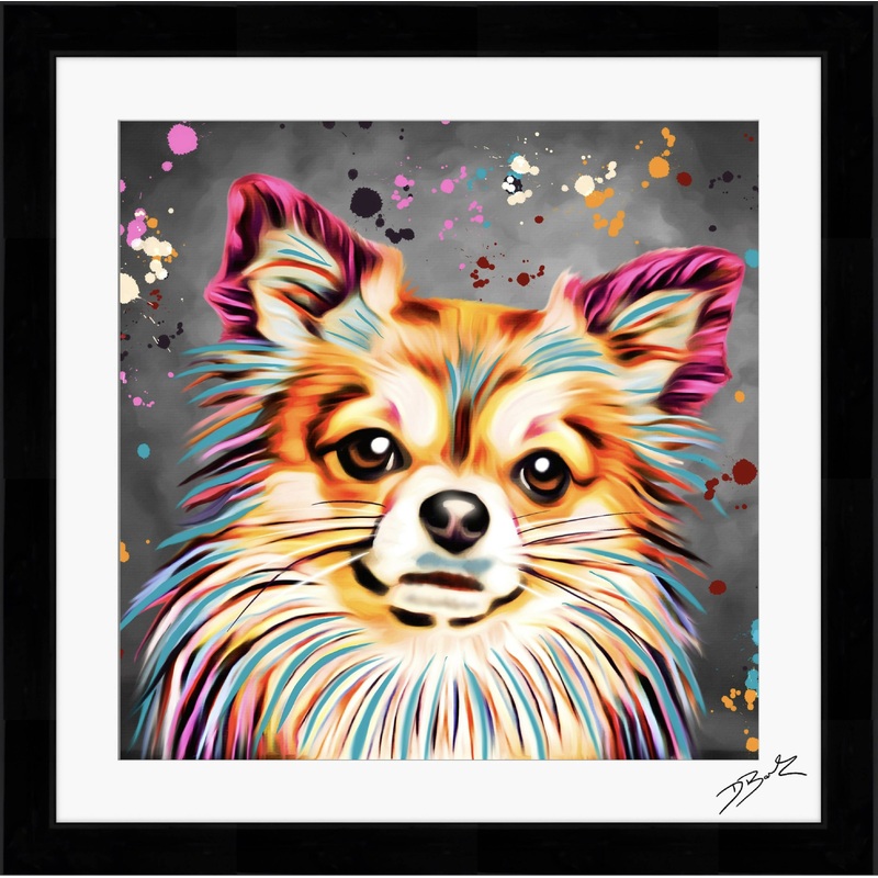 LONG HAIR CHIHUAHUA DOG COLOUR SPLASH FRAMED ARTWORK.