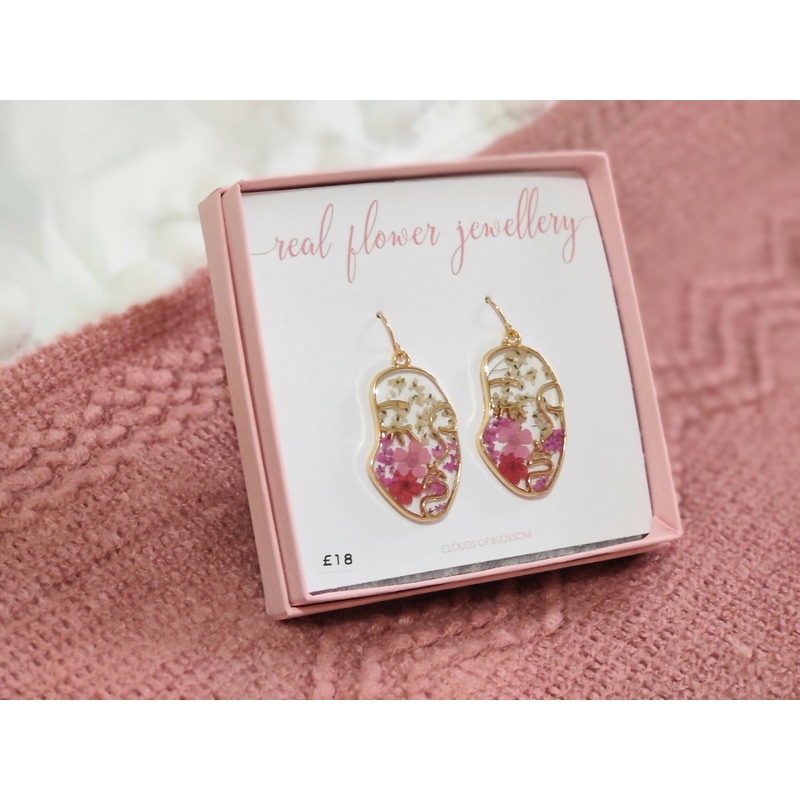 Pink Real Pressed Flower Face Earrings Gold Plated