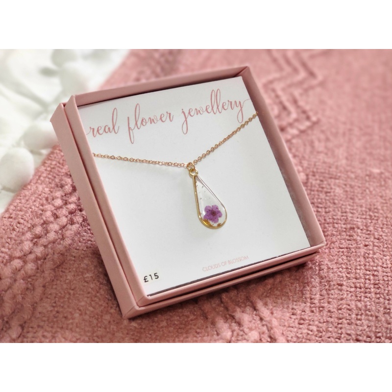 Purple Real Flower Teardrop Necklace Gold Plated