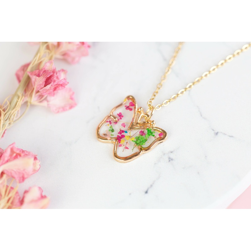 Small Real Flower Multicolour Butterfly Necklace Gold Plated