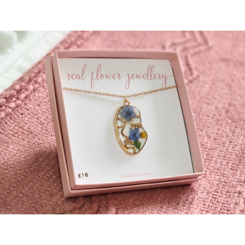 Blue Real Flower Face Necklace Gold Plated