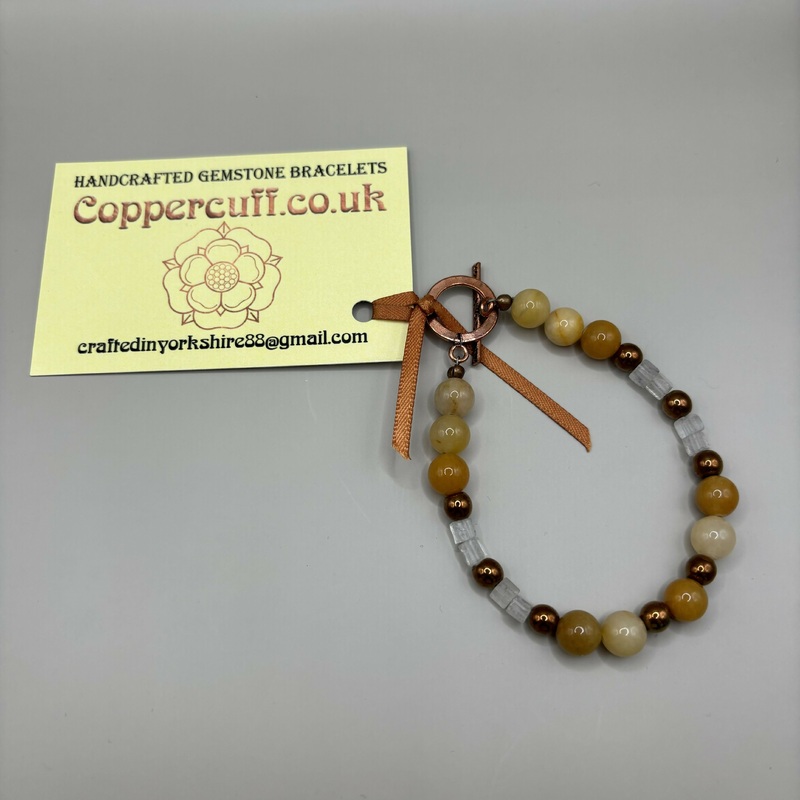Bracelet with Yellow Jade, Copper Hematite and Clear Quartz, Pure Copper Toggle
