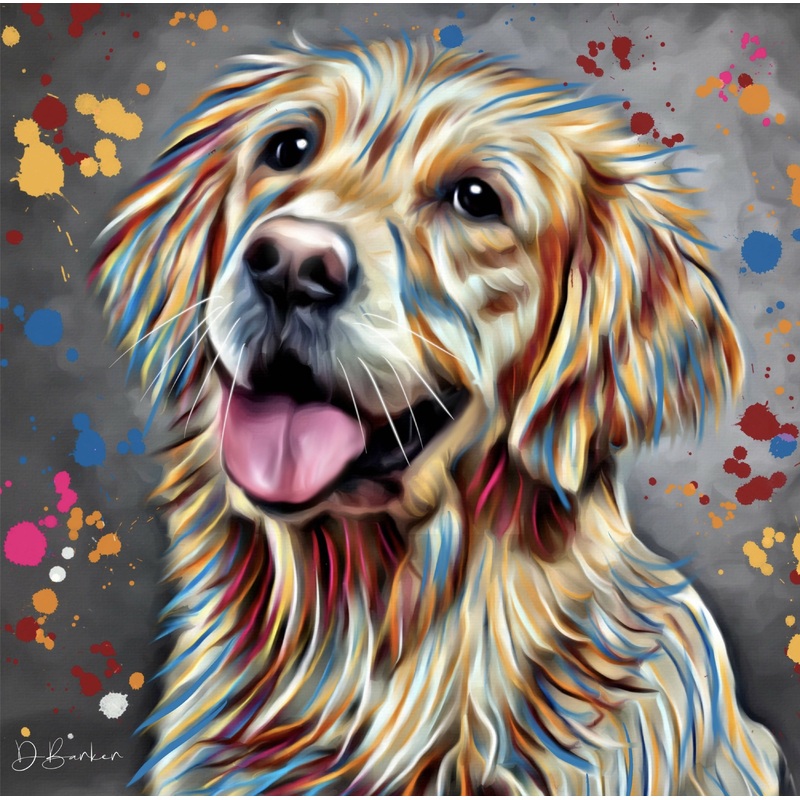 GOLDEN RETRIEVER DOG COLOUR SPLASH MOUNTED ARTWORK.