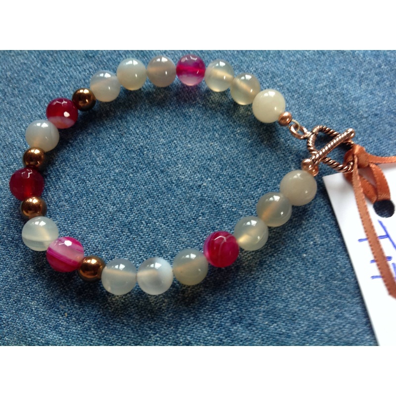Grey Agate, Fuchsia Banded Agate and Copper Hematite Bracelet