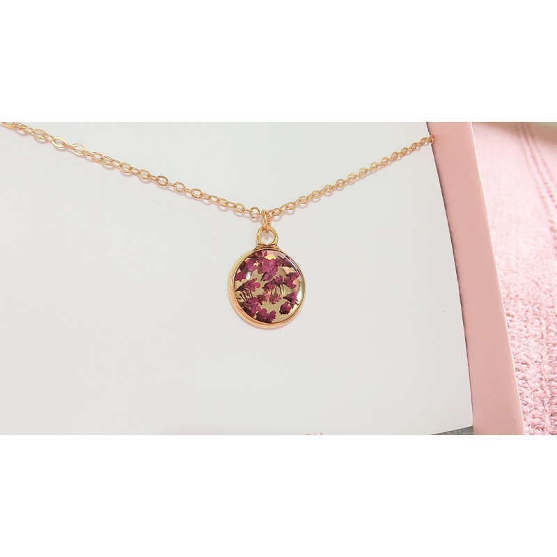 Pink Real Flower Small Mirrored Circle Bezel Necklace Gold Plated