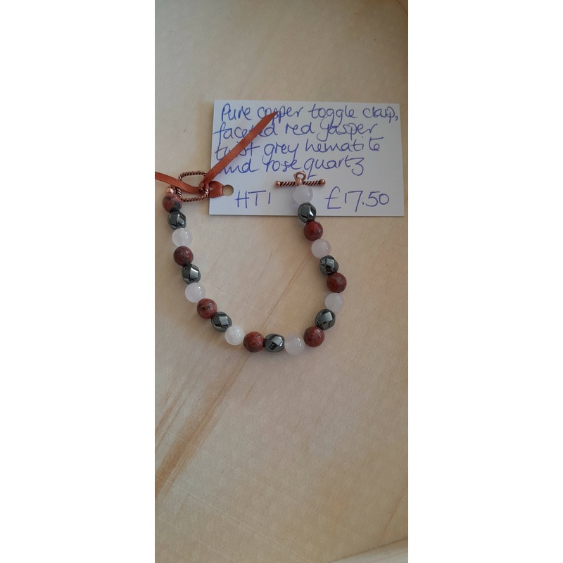 Pure Copper Clasp Bracelet with Faceted Red Jasper, Twist Hematite and Rose Quartz