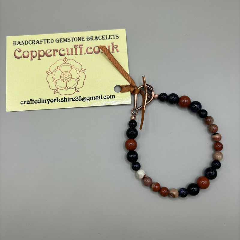 Pure Copper Toggle Bracelet with Blue Goldstone in 2 Sizes and Red Jasper in 2 Sizes